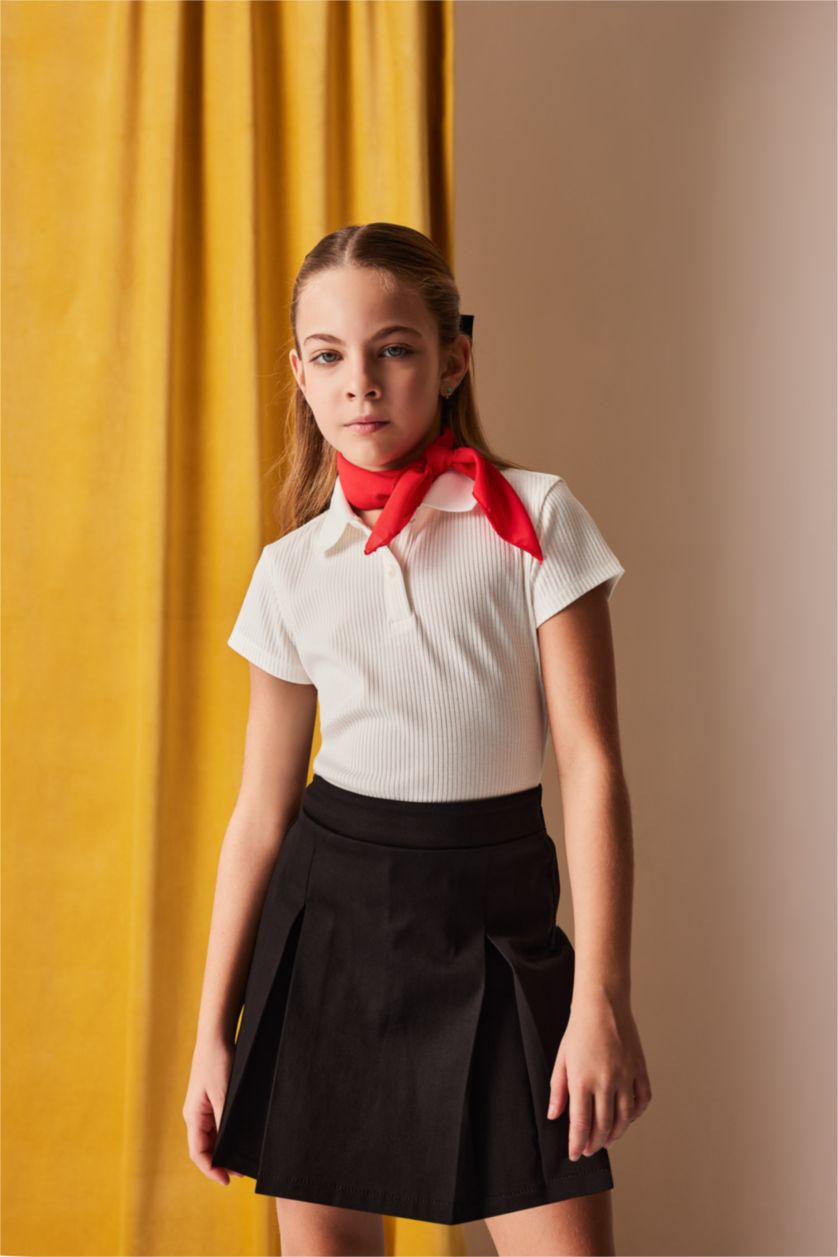 Kız Çocuk - Genç Kız Ekru Slim Fit Dar Kesim Polo Yaka Basic Düz Fitilli Kaşkorse Kısa Kollu Tişört Kız Çocuk