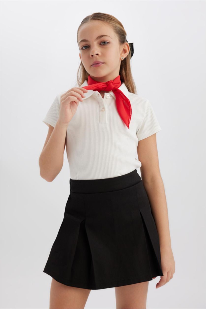Kız Çocuk - Genç Kız Ekru Slim Fit Dar Kesim Polo Yaka Basic Düz Fitilli Kaşkorse Kısa Kollu Tişört Kız Çocuk