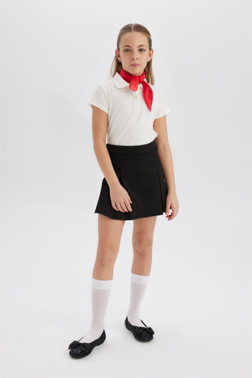 Kız Çocuk - Genç Kız Ekru Slim Fit Dar Kesim Polo Yaka Basic Düz Fitilli Kaşkorse Kısa Kollu Tişört Kız Çocuk