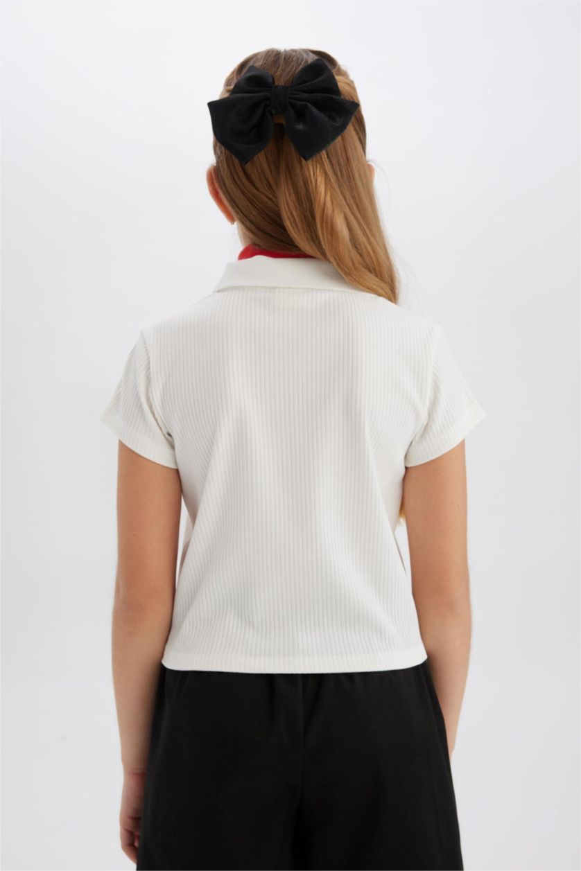 Kız Çocuk - Genç Kız Ekru Slim Fit Dar Kesim Polo Yaka Basic Düz Fitilli Kaşkorse Kısa Kollu Tişört Kız Çocuk