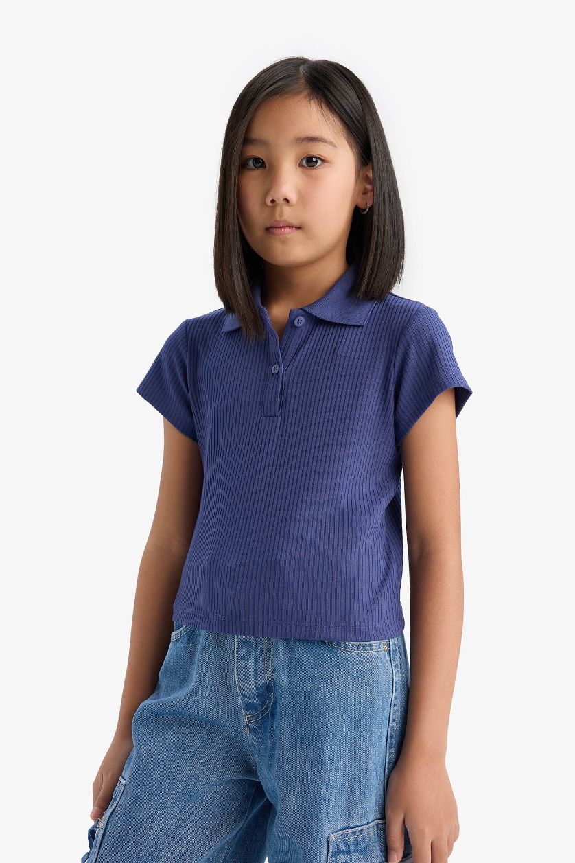 Kız Çocuk - Genç Kız Koyu Mor Slim Fit Dar Kesim Polo Yaka Basic Düz Fitilli Kaşkorse Kısa Kollu Tişört Kız Çocuk