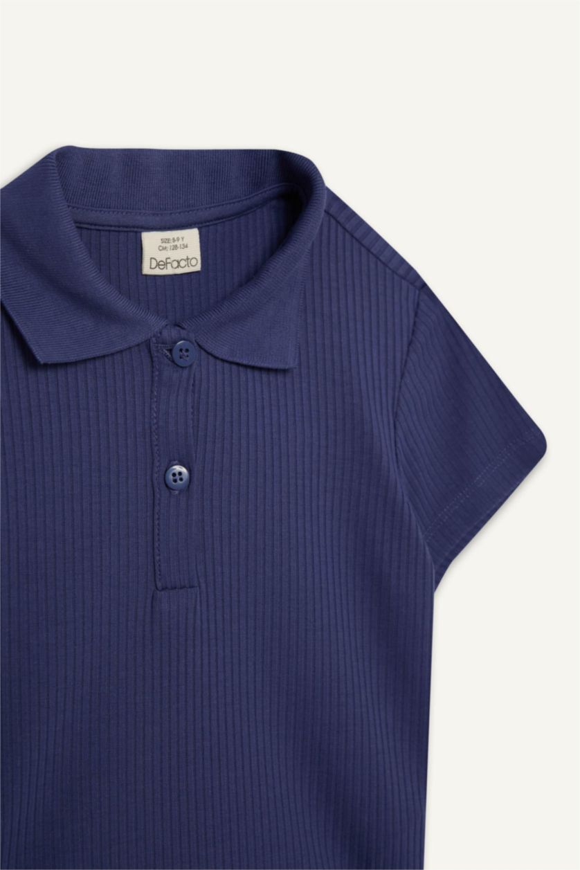 Kız Çocuk - Genç Kız Koyu Mor Slim Fit Dar Kesim Polo Yaka Basic Düz Fitilli Kaşkorse Kısa Kollu Tişört Kız Çocuk