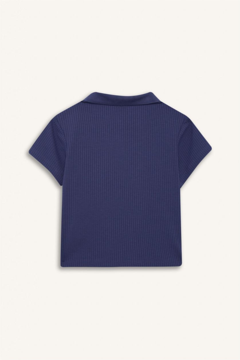 Kız Çocuk - Genç Kız Koyu Mor Slim Fit Dar Kesim Polo Yaka Basic Düz Fitilli Kaşkorse Kısa Kollu Tişört Kız Çocuk