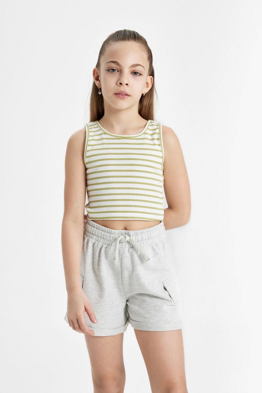 Girls & Teens Green Girl Crew Neck Striped Crop Top