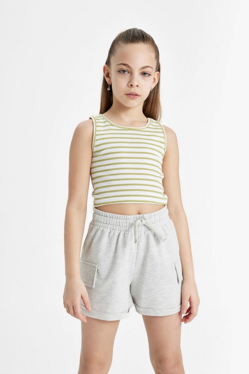 Girls & Teens Green Girl Crew Neck Striped Crop Top