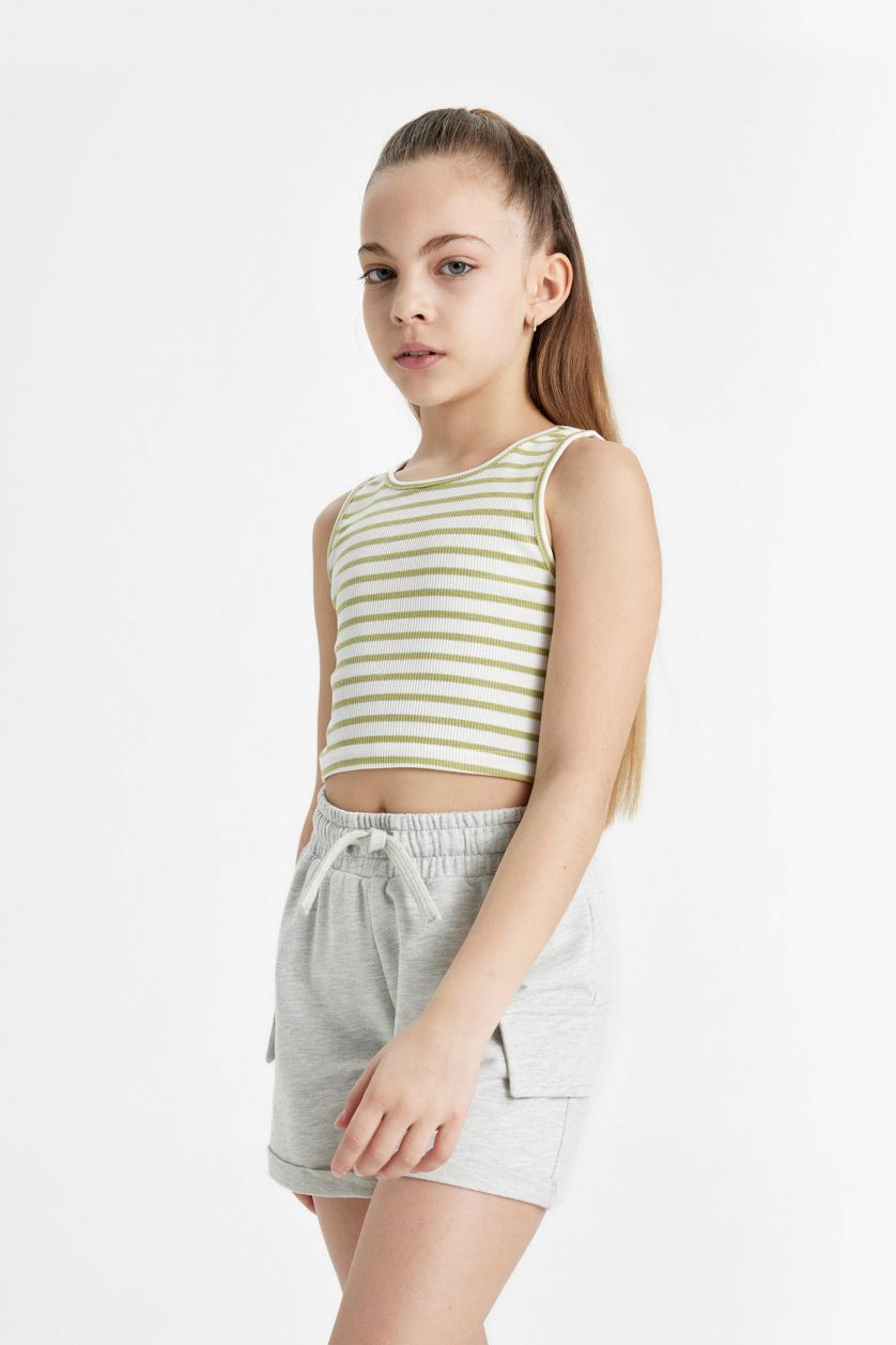 Girls & Teens Green Girl Crew Neck Striped Crop Top