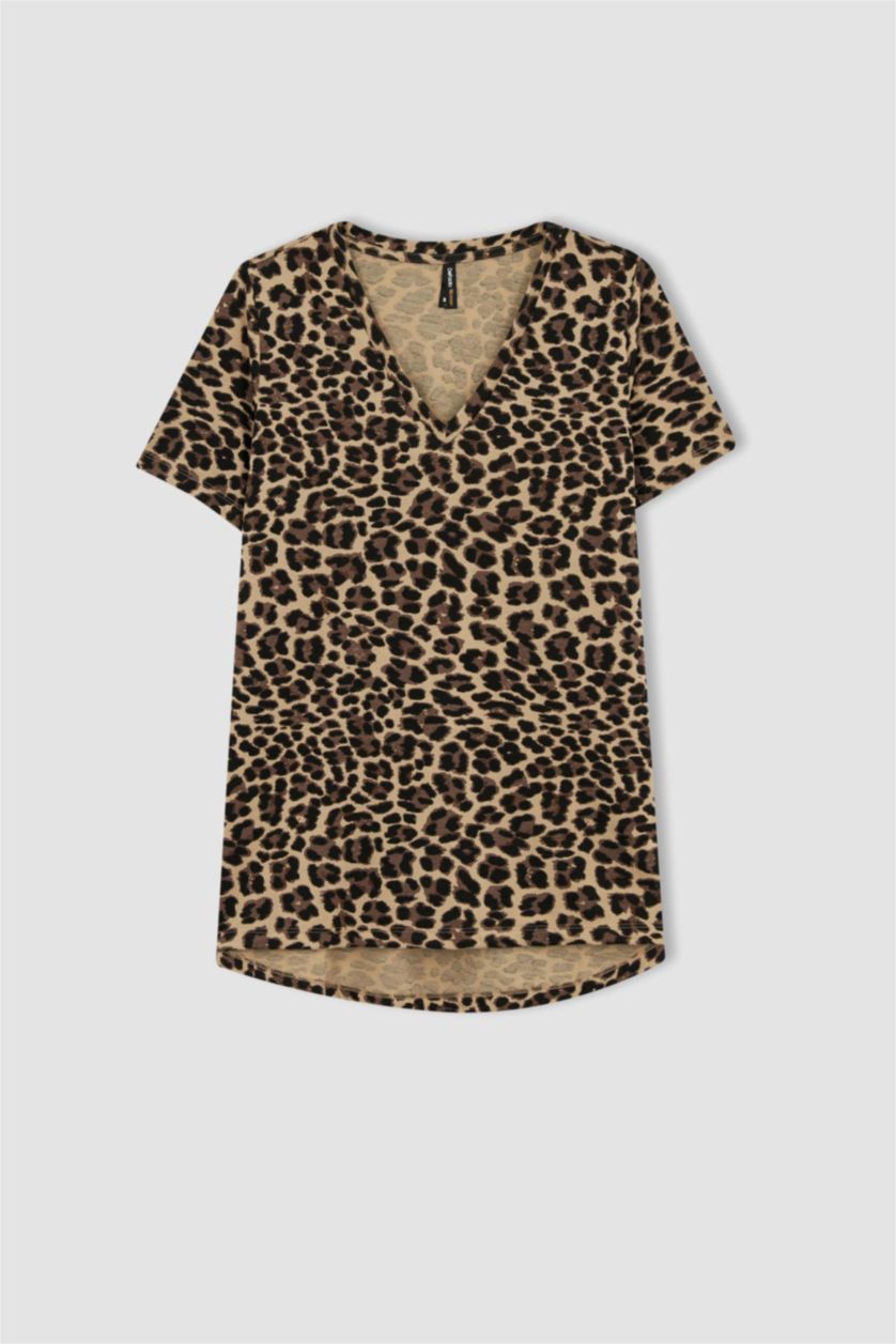 WOMAN Stone Traditional Regular Fit V Neck Leopard Pattern Short Sleeve T-Shirt