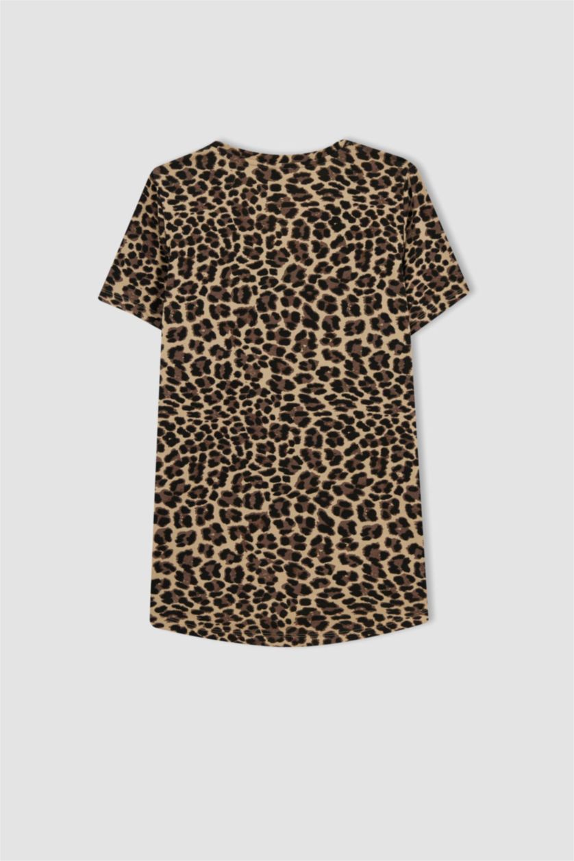 WOMAN Stone Traditional Regular Fit V Neck Leopard Pattern Short Sleeve T-Shirt