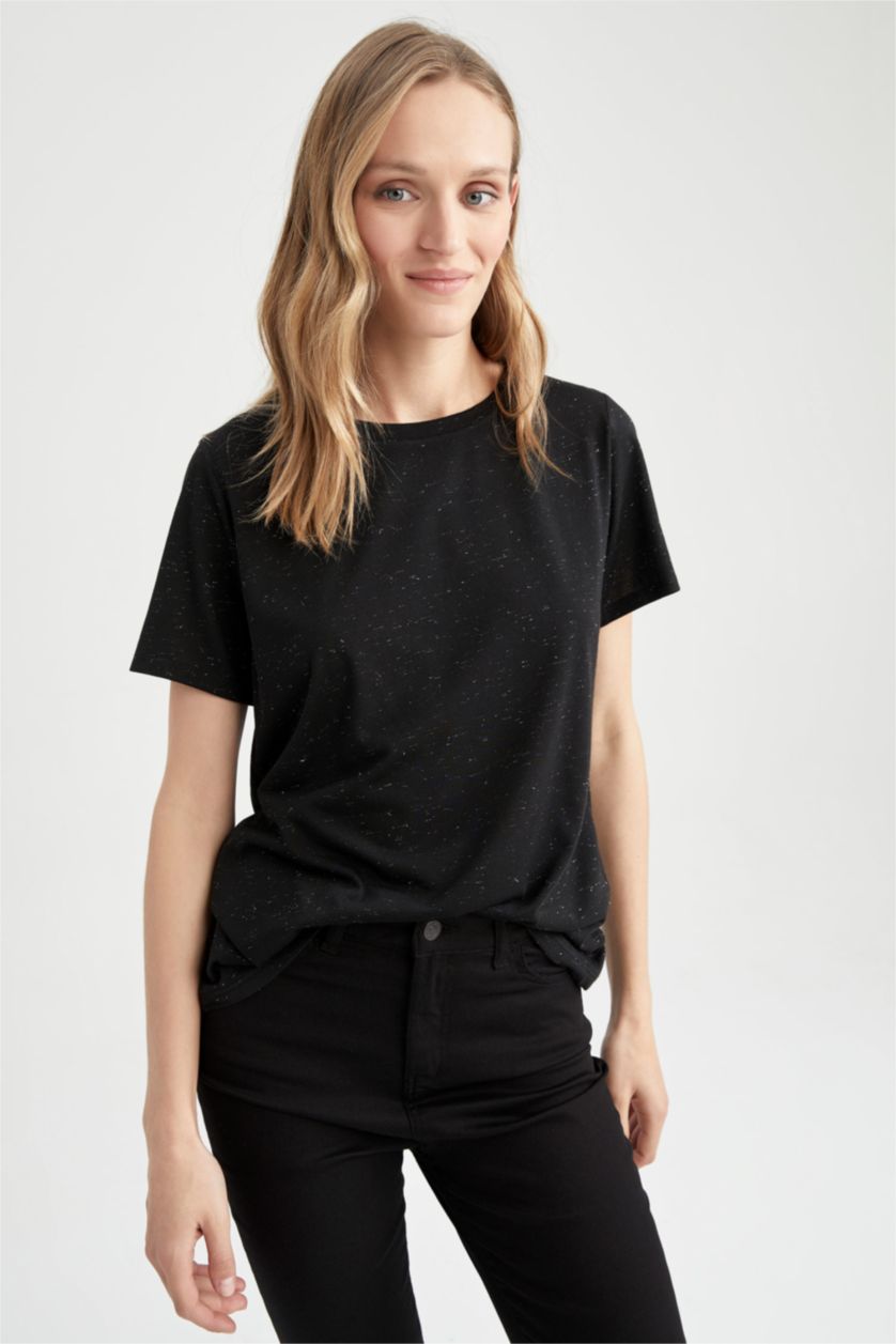 WOMAN Black Regular Fit Crew Neck Shiny Fabric Short Sleeve T-Shirt