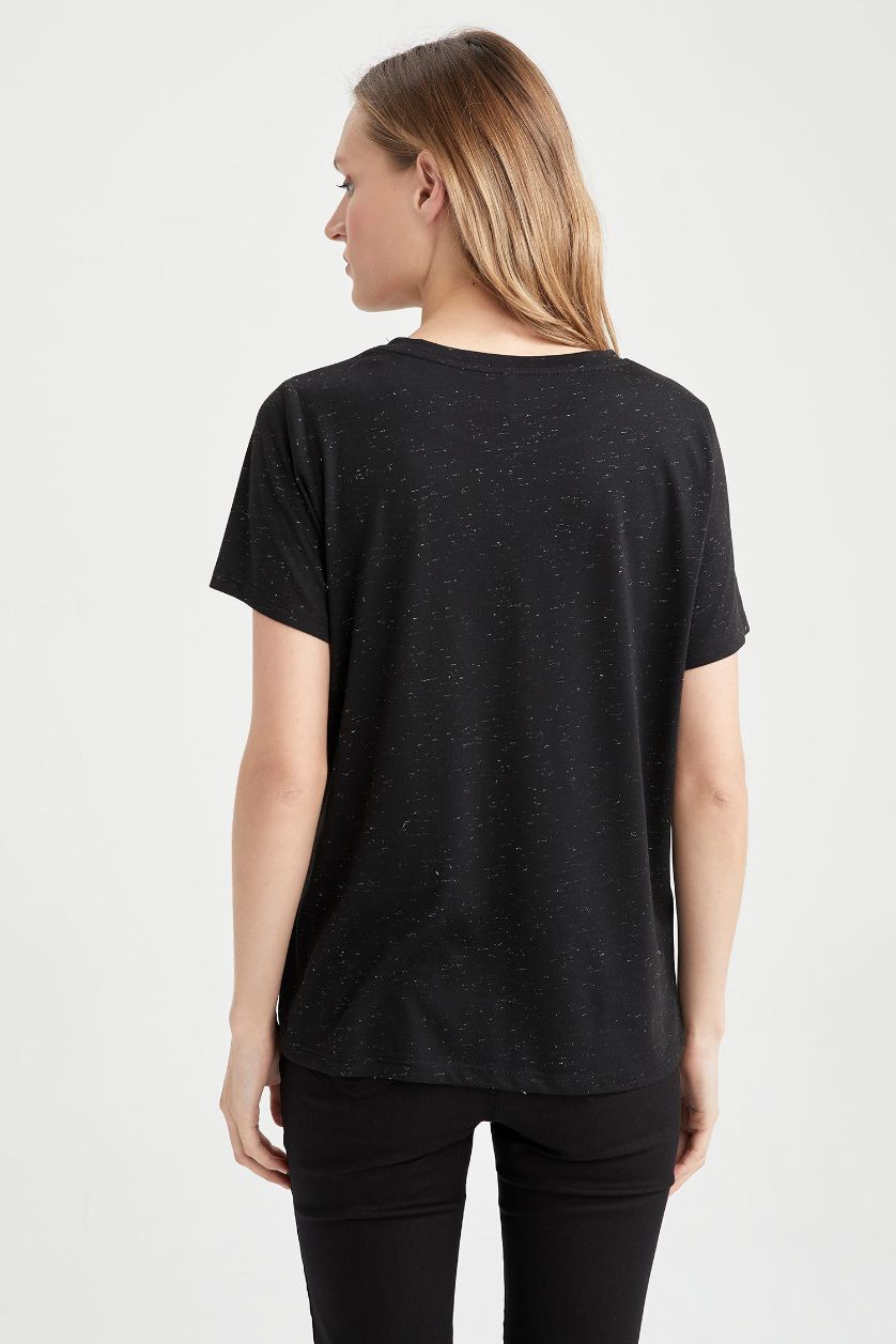 WOMAN Black Regular Fit Crew Neck Shiny Fabric Short Sleeve T-Shirt