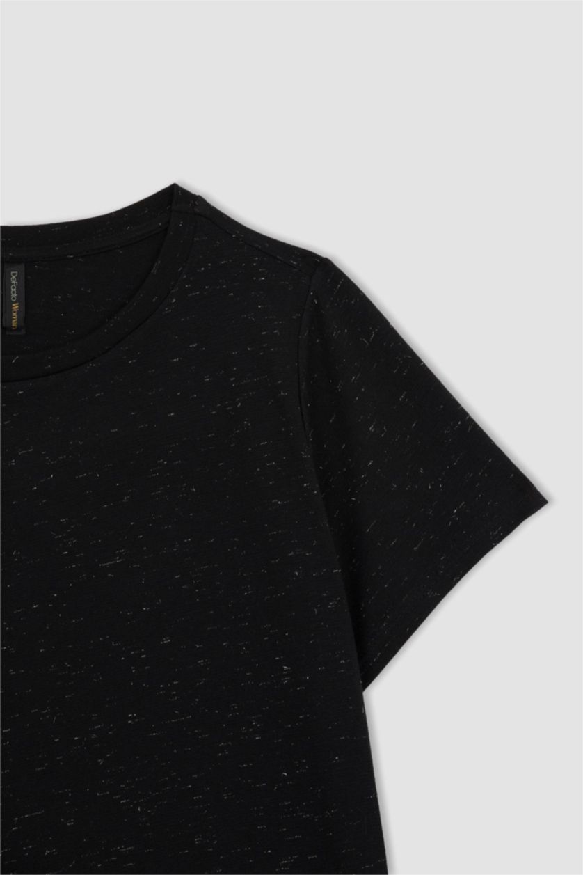 WOMAN Black Regular Fit Crew Neck Shiny Fabric Short Sleeve T-Shirt