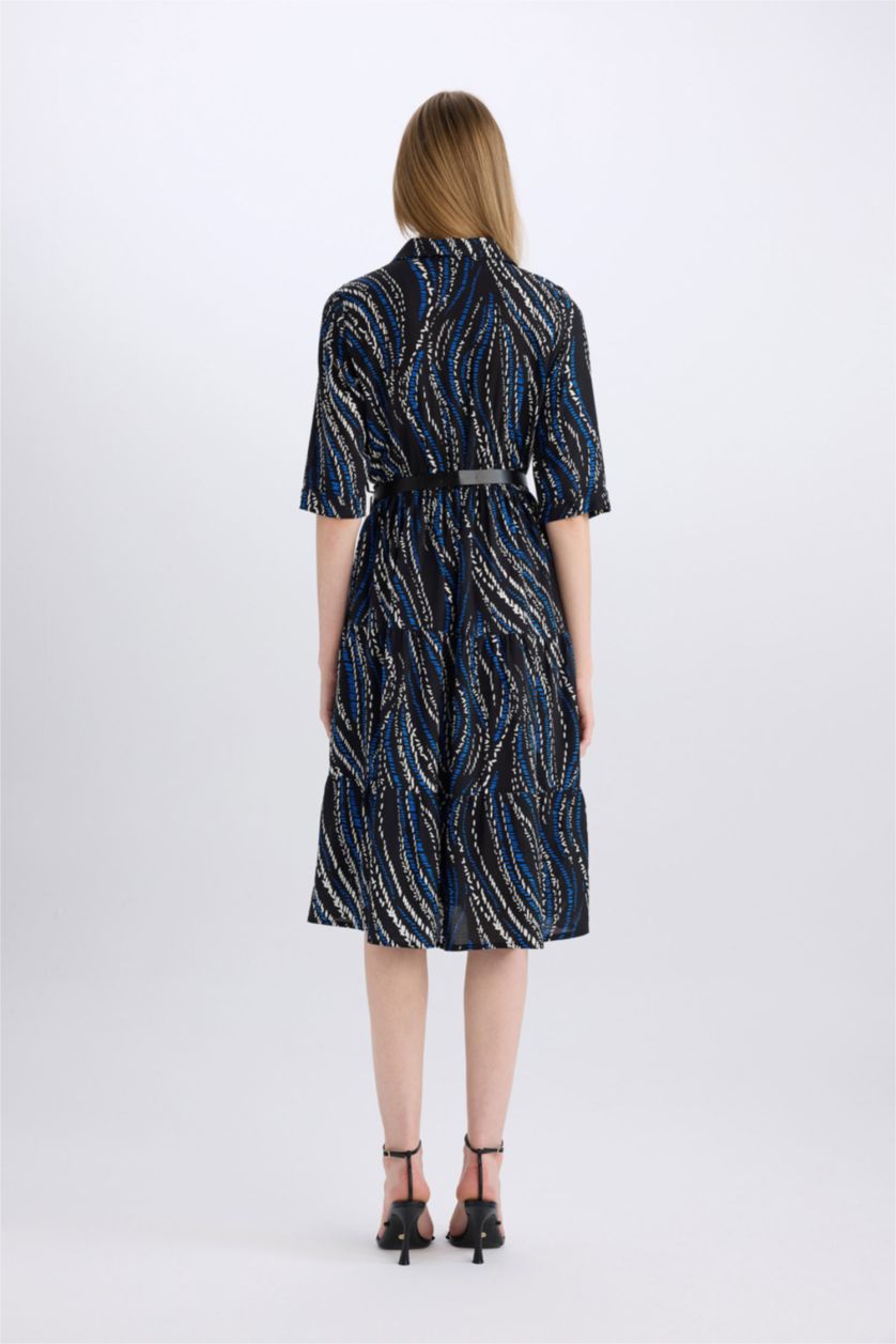 Жіночий Чорний Сукня з довгим рукавом миди з коміром З Принтом