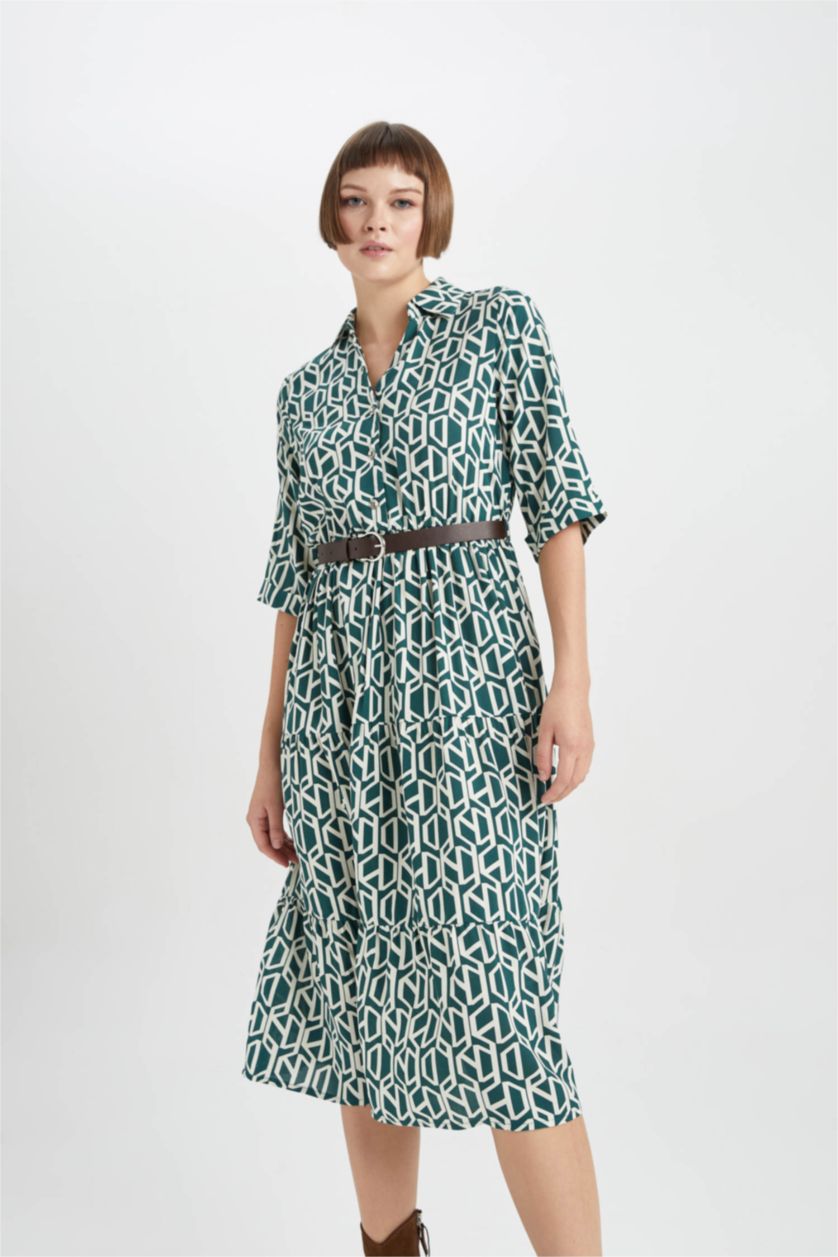 WOMAN Dark Green Shirt Collar Belted Patterned Half Sleeve Midi Dress