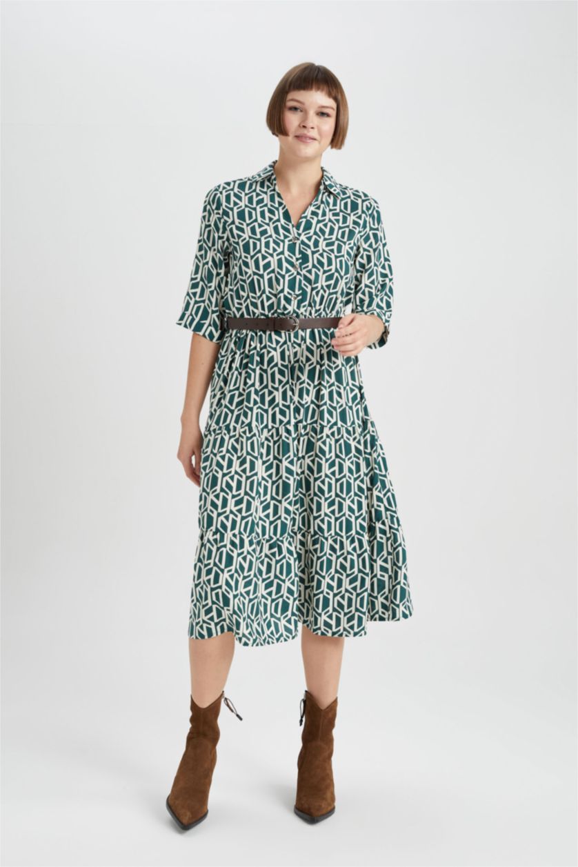 WOMAN Dark Green Shirt Collar Belted Patterned Half Sleeve Midi Dress