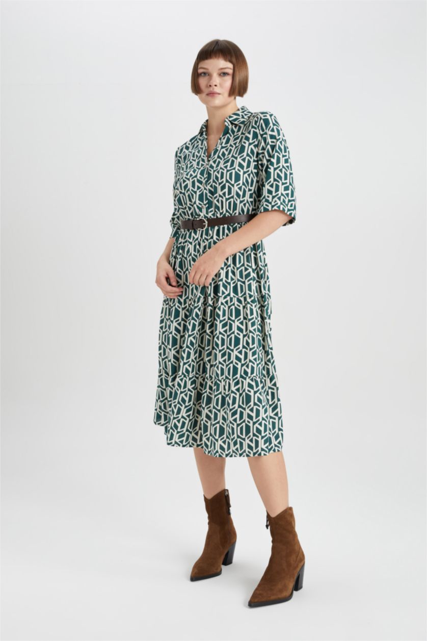 WOMAN Dark Green Shirt Collar Belted Patterned Half Sleeve Midi Dress