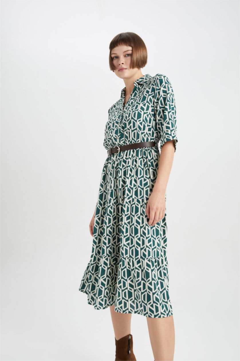 WOMAN Dark Green Shirt Collar Belted Patterned Half Sleeve Midi Dress