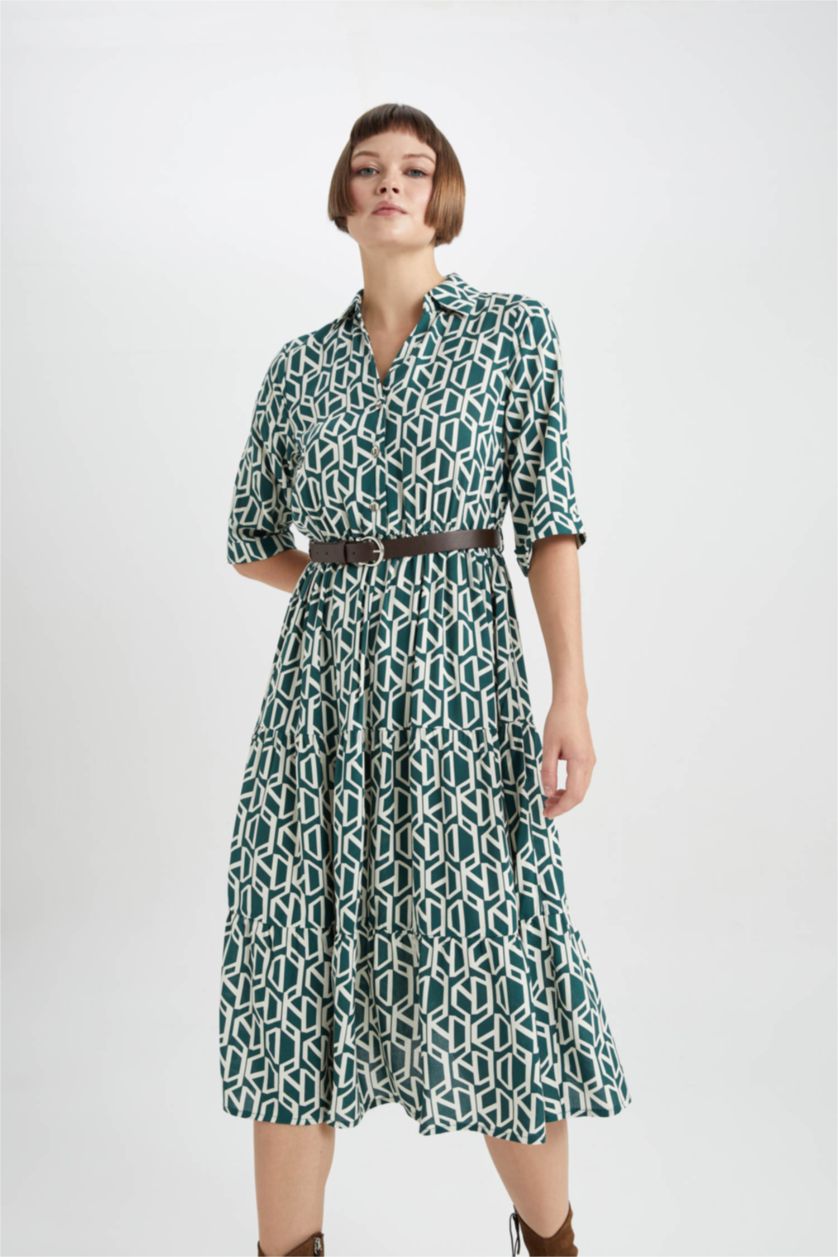 WOMAN Dark Green Shirt Collar Belted Patterned Half Sleeve Midi Dress