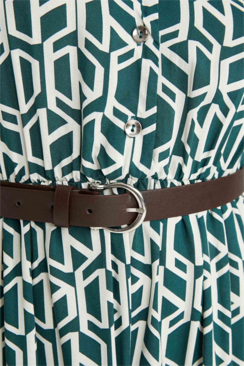 WOMAN Dark Green Shirt Collar Belted Patterned Half Sleeve Midi Dress
