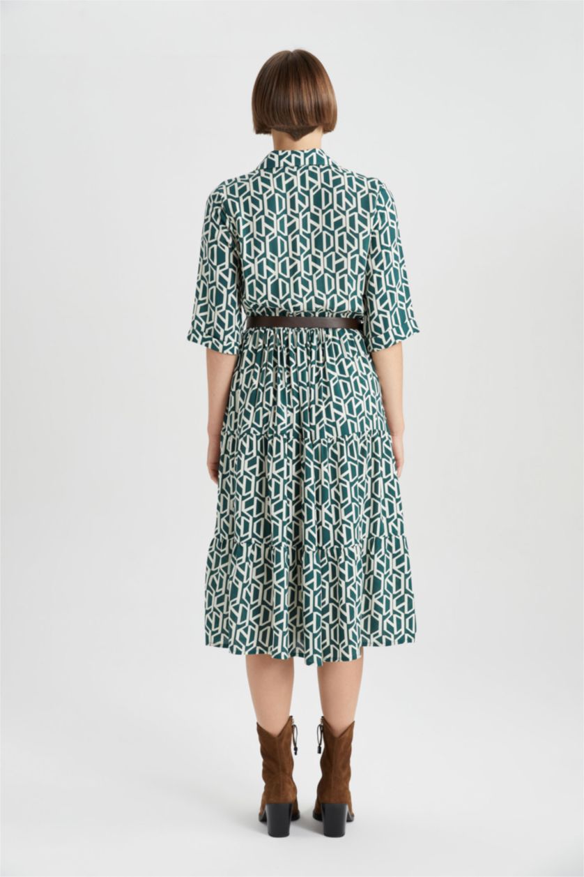 WOMAN Dark Green Shirt Collar Belted Patterned Half Sleeve Midi Dress
