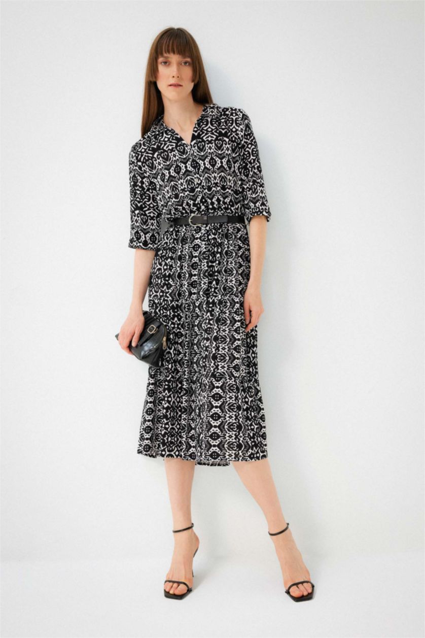 WOMAN Black Shirt Collar Belted Patterned Half Sleeve Midi Dress