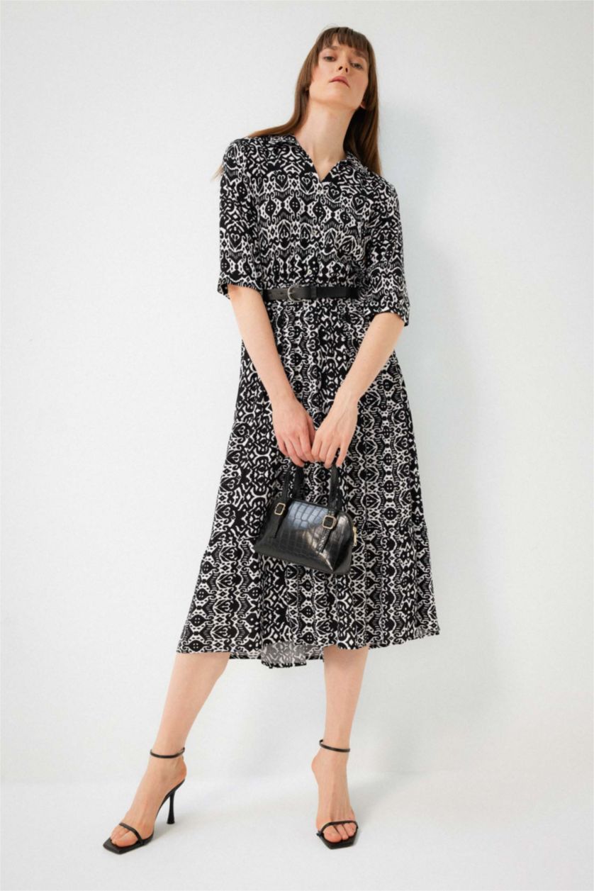 WOMAN Black Shirt Collar Belted Patterned Half Sleeve Midi Dress