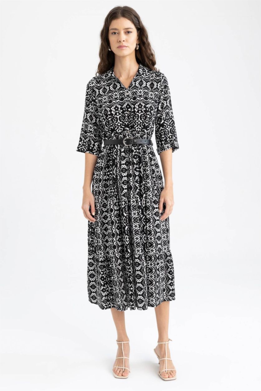 WOMAN Black Shirt Collar Belted Patterned Half Sleeve Midi Dress