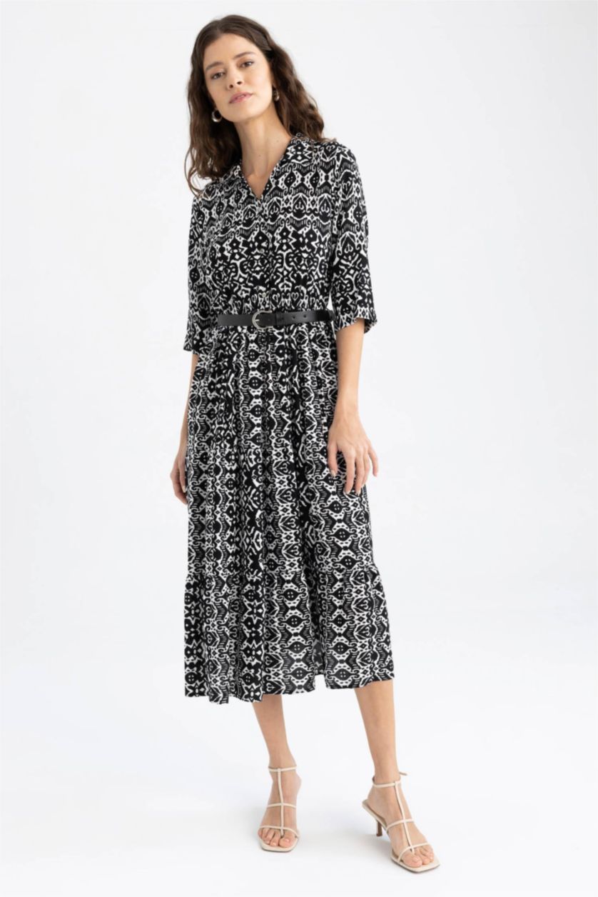 WOMAN Black Shirt Collar Belted Patterned Half Sleeve Midi Dress