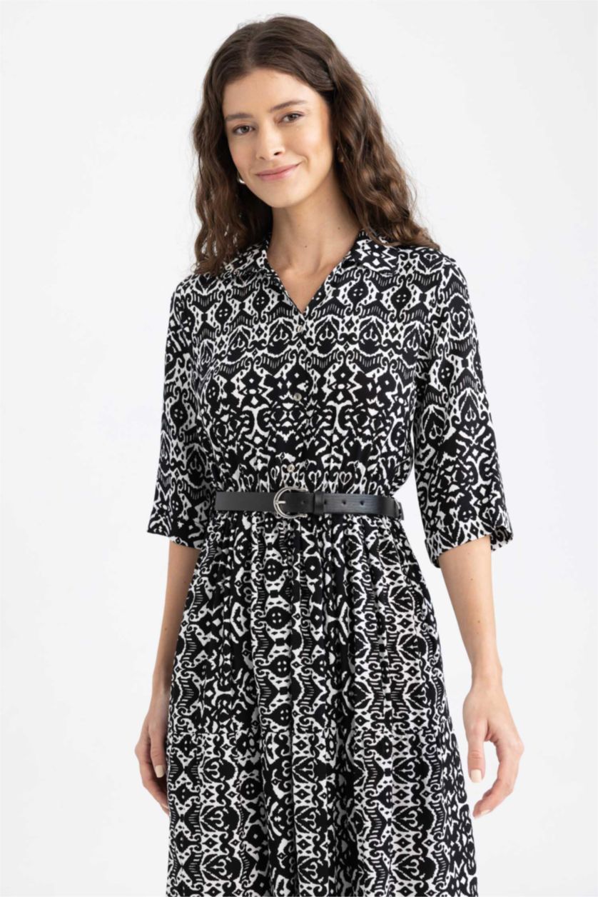 WOMAN Black Shirt Collar Belted Patterned Half Sleeve Midi Dress