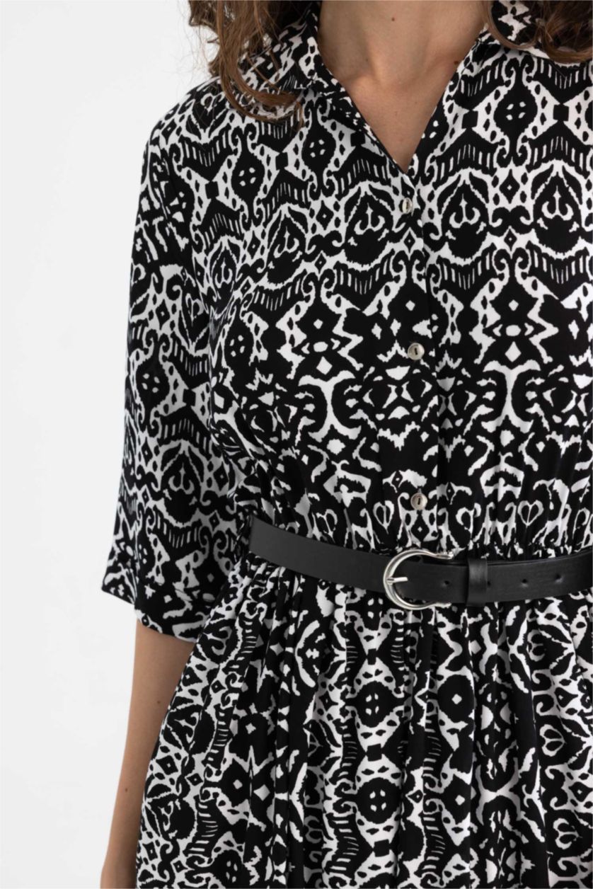 WOMAN Black Shirt Collar Belted Patterned Half Sleeve Midi Dress