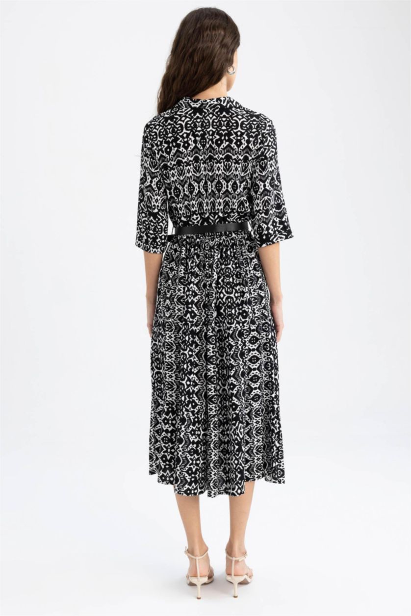 WOMAN Black Shirt Collar Belted Patterned Half Sleeve Midi Dress