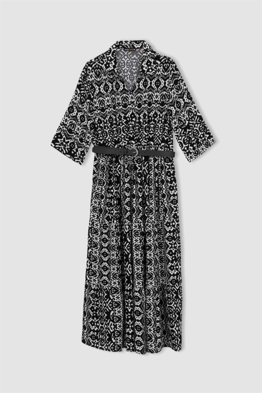 WOMAN Black Shirt Collar Belted Patterned Half Sleeve Midi Dress