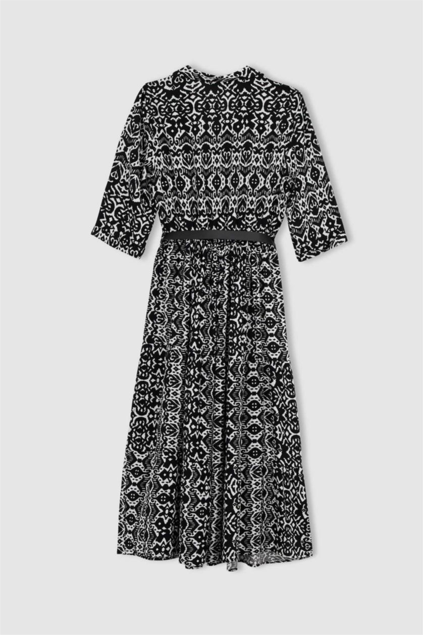 WOMAN Black Shirt Collar Belted Patterned Half Sleeve Midi Dress