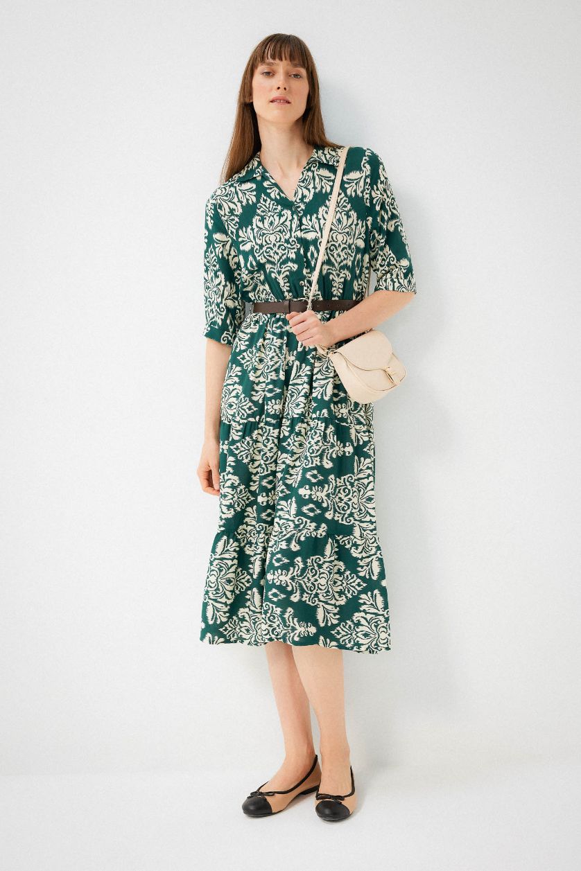 حريمي أخضر فستان ميدي كم طويل مطبوع وياقة قميص