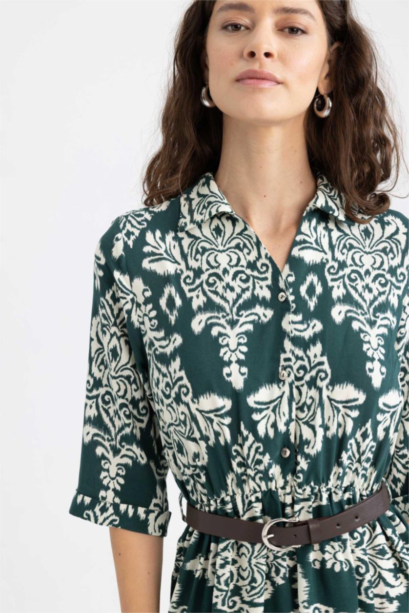 حريمي أخضر فستان ميدي كم طويل مطبوع وياقة قميص