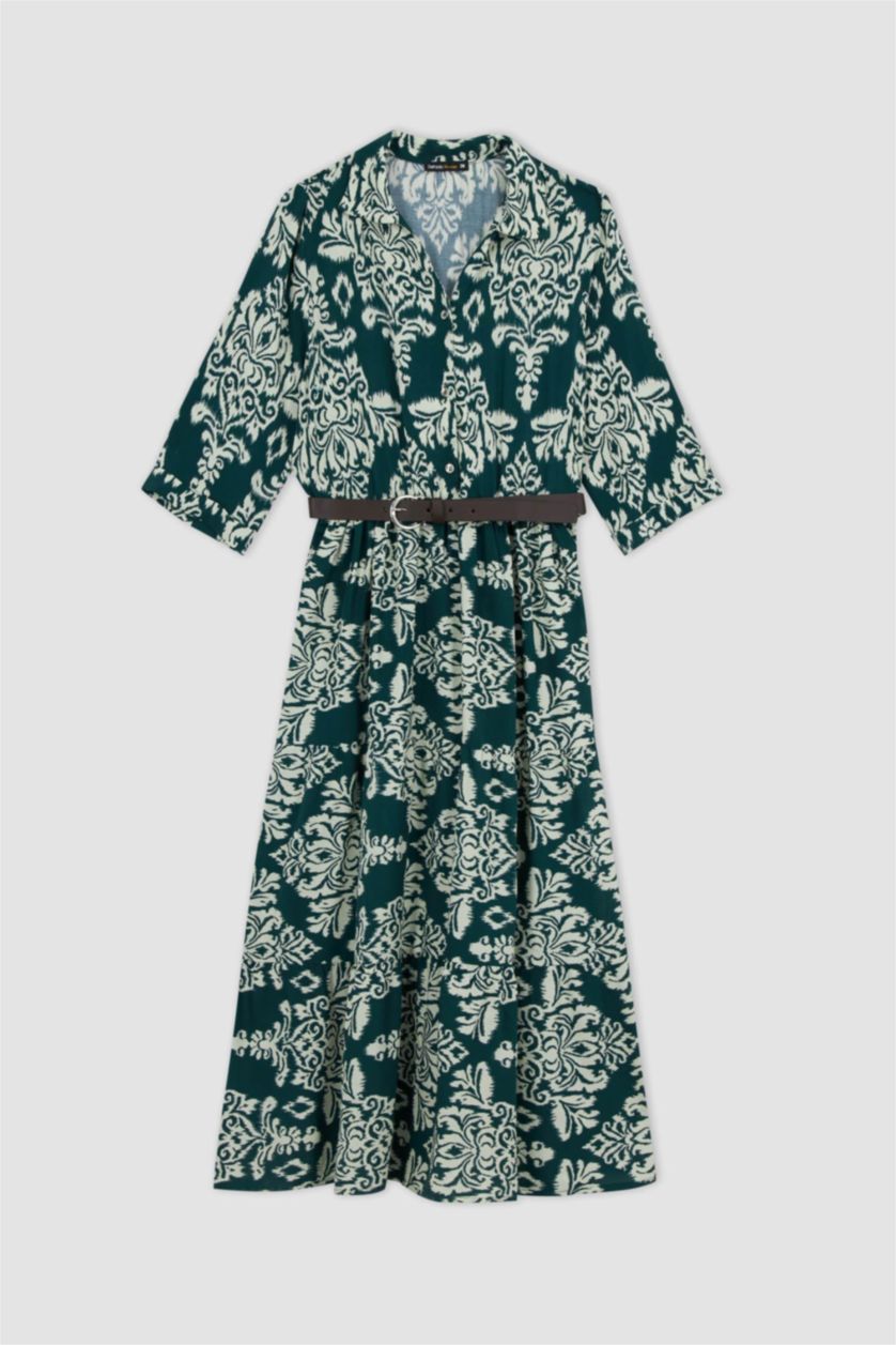 حريمي أخضر فستان ميدي كم طويل مطبوع وياقة قميص