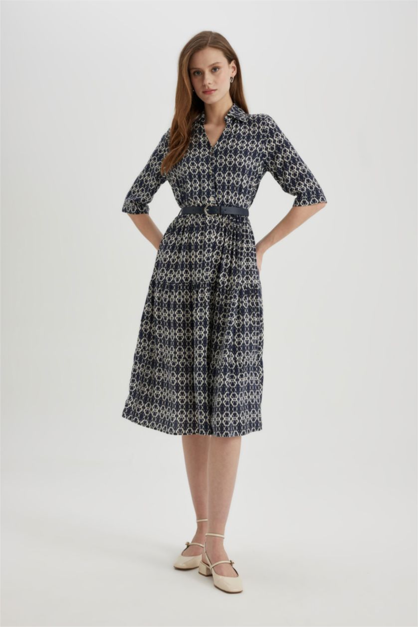 حريمي كحلي فستان ميدي كم طويل مطبوع وياقة قميص