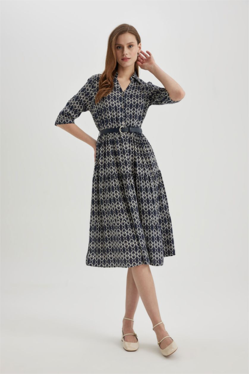 حريمي كحلي فستان ميدي كم طويل مطبوع وياقة قميص