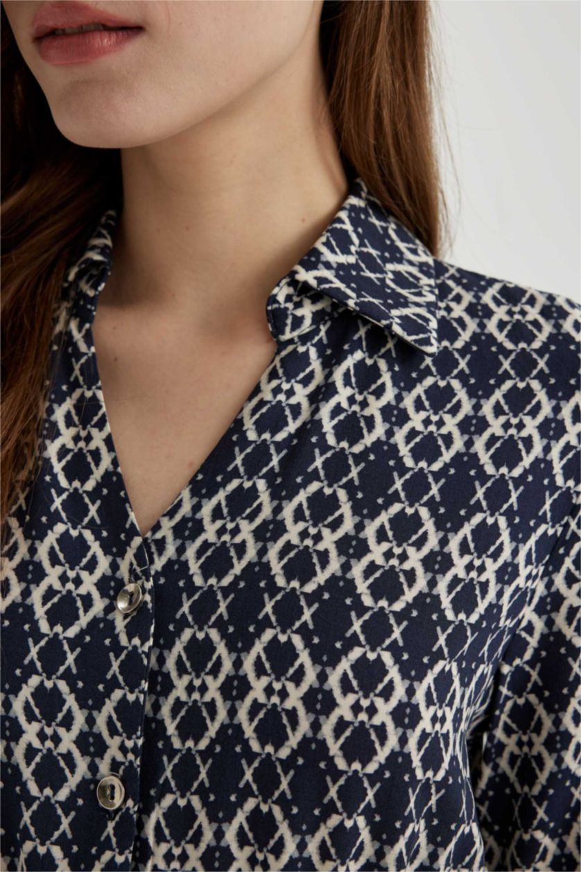 حريمي كحلي فستان ميدي كم طويل مطبوع وياقة قميص