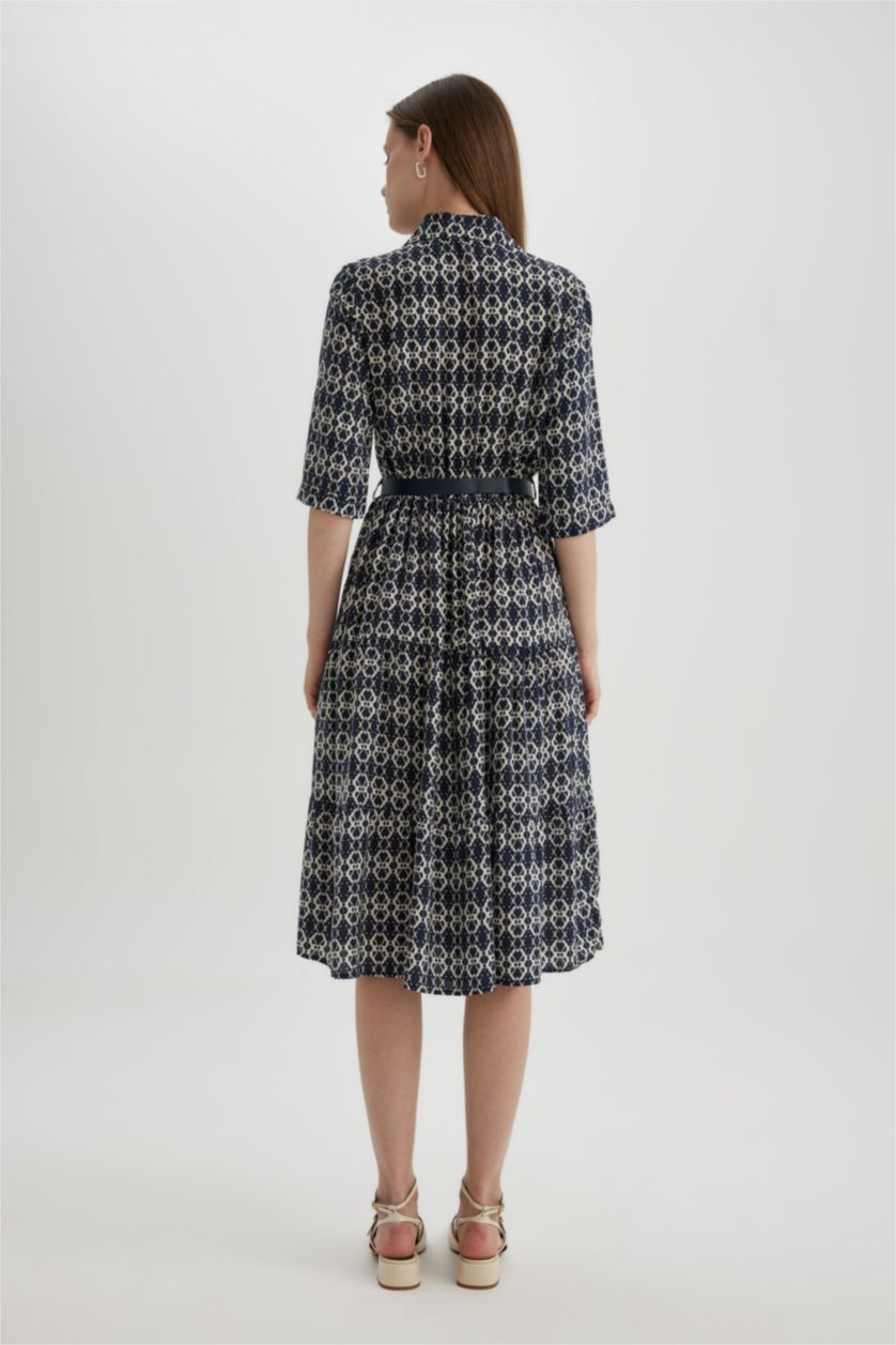 حريمي كحلي فستان ميدي كم طويل مطبوع وياقة قميص