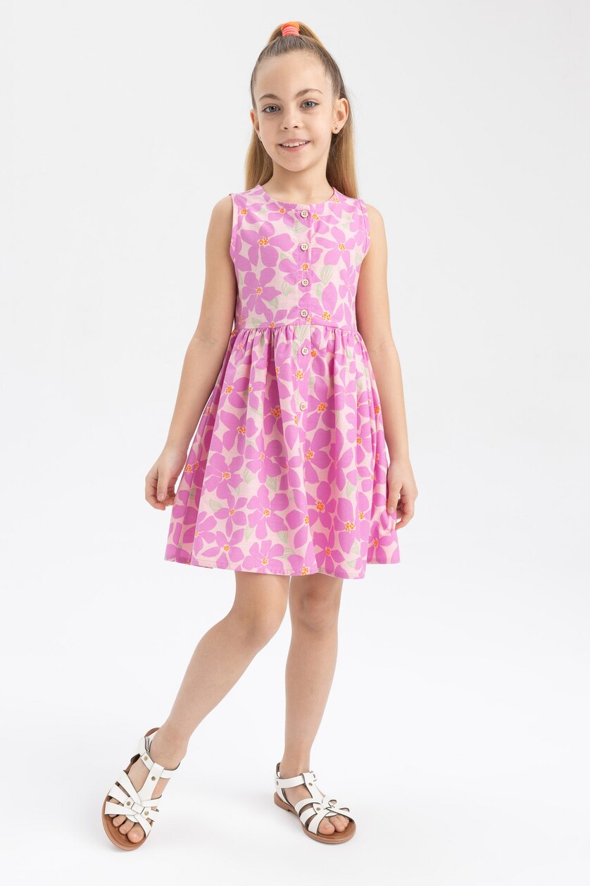 GIRLS & TEENS Pink Girl Patterned Sleeveless Cotton Dress