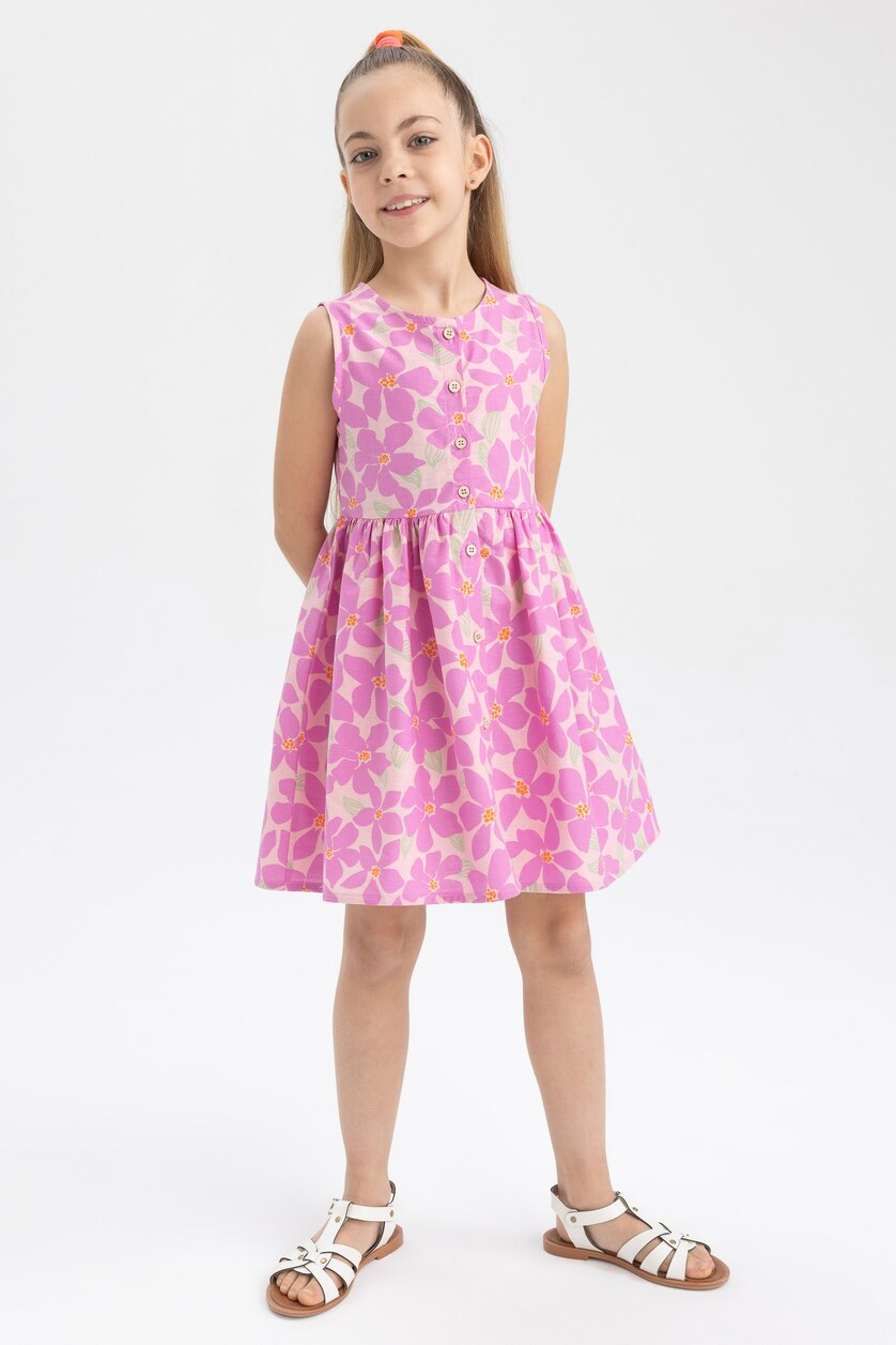 GIRLS & TEENS Pink Girl Patterned Sleeveless Cotton Dress