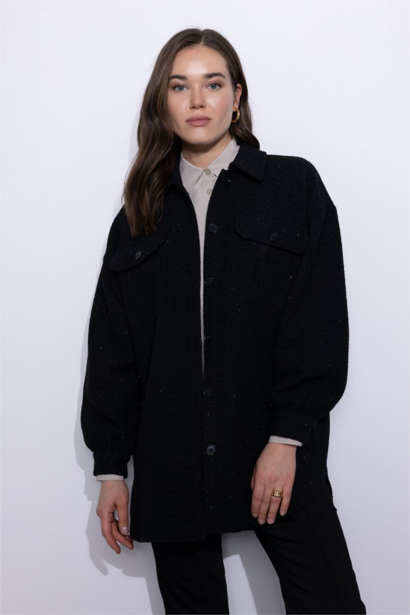 Kadın Siyah Relax Fıt Gömlek Yaka Tweed Uzun Kollu Tunik