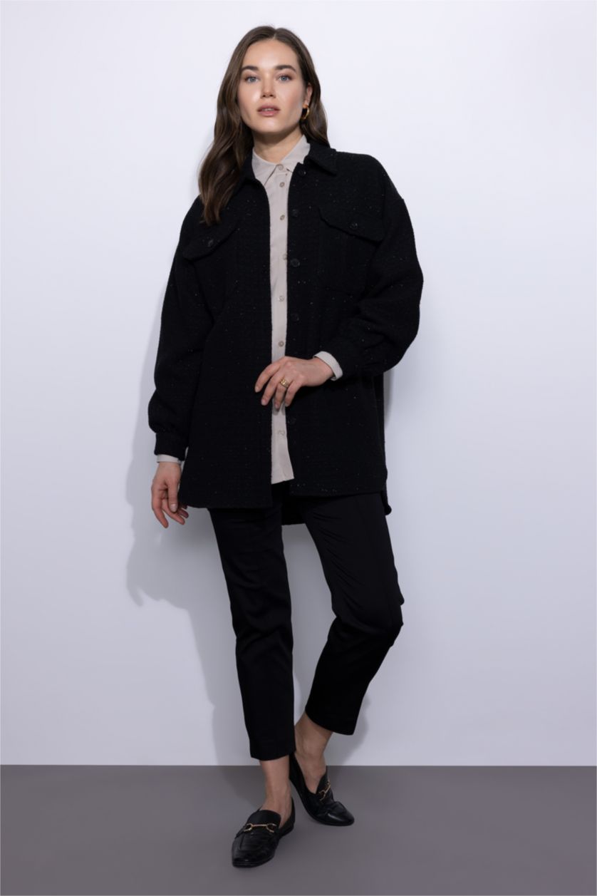 Kadın Siyah Relax Fıt Gömlek Yaka Tweed Uzun Kollu Tunik