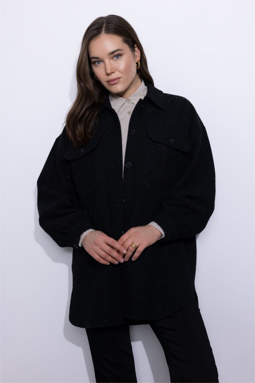 Kadın Siyah Relax Fıt Gömlek Yaka Tweed Uzun Kollu Tunik