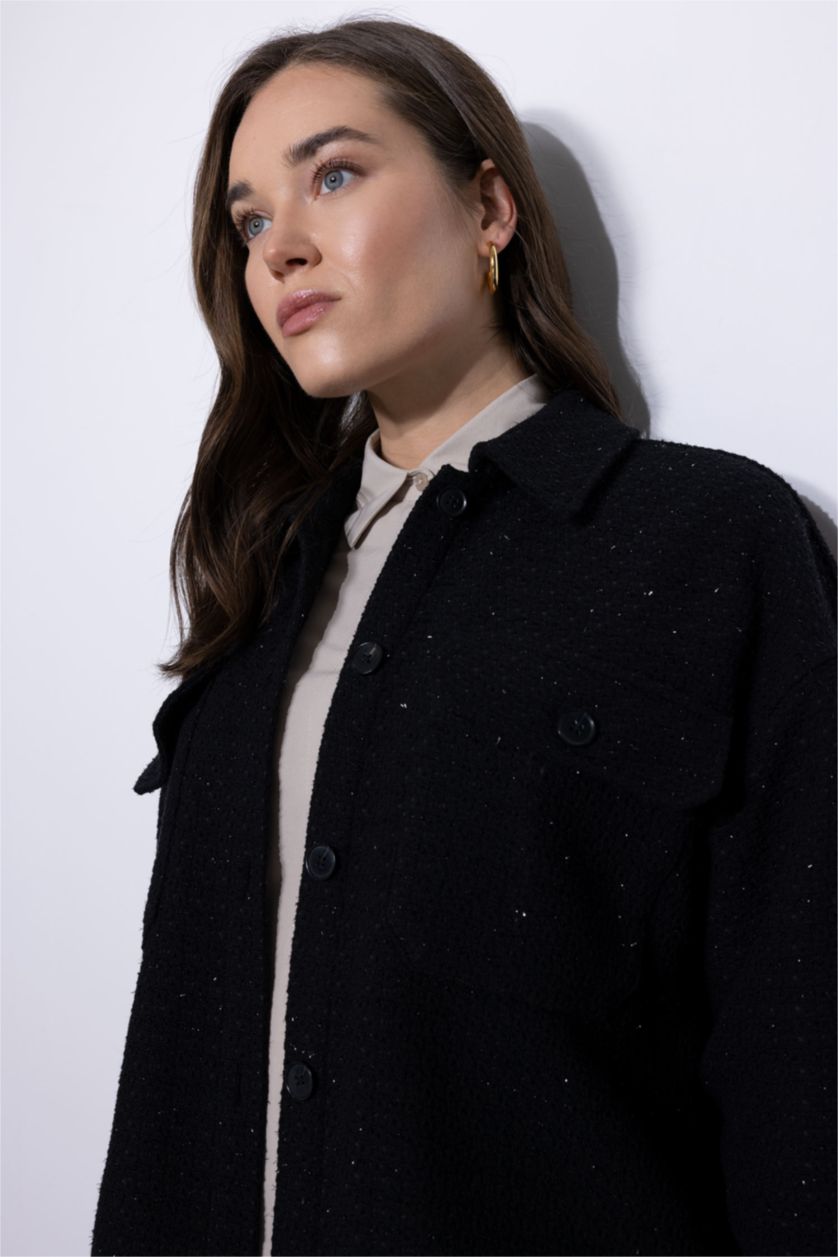 Kadın Siyah Relax Fıt Gömlek Yaka Tweed Uzun Kollu Tunik