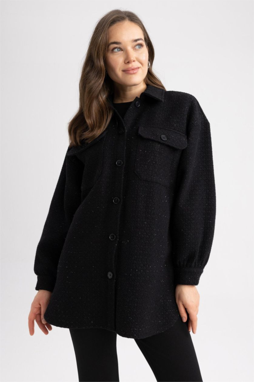 Kadın Siyah Relax Fıt Gömlek Yaka Tweed Uzun Kollu Tunik