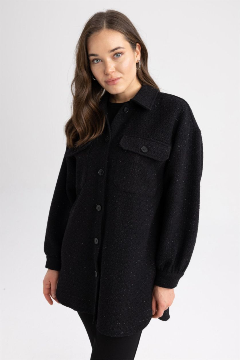 Kadın Siyah Relax Fıt Gömlek Yaka Tweed Uzun Kollu Tunik