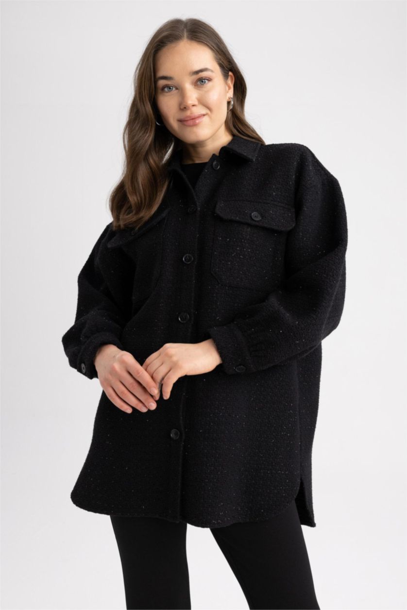 Kadın Siyah Relax Fıt Gömlek Yaka Tweed Uzun Kollu Tunik