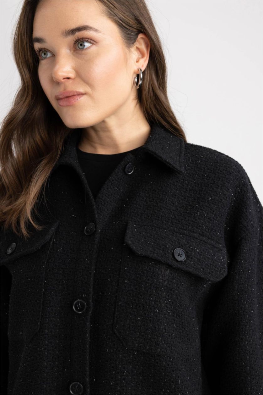 Kadın Siyah Relax Fıt Gömlek Yaka Tweed Uzun Kollu Tunik