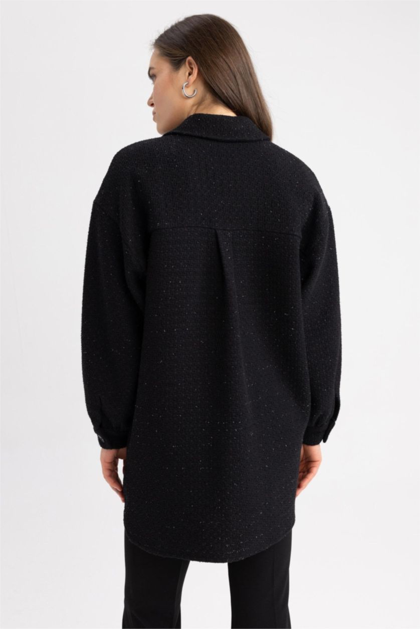 Kadın Siyah Relax Fıt Gömlek Yaka Tweed Uzun Kollu Tunik